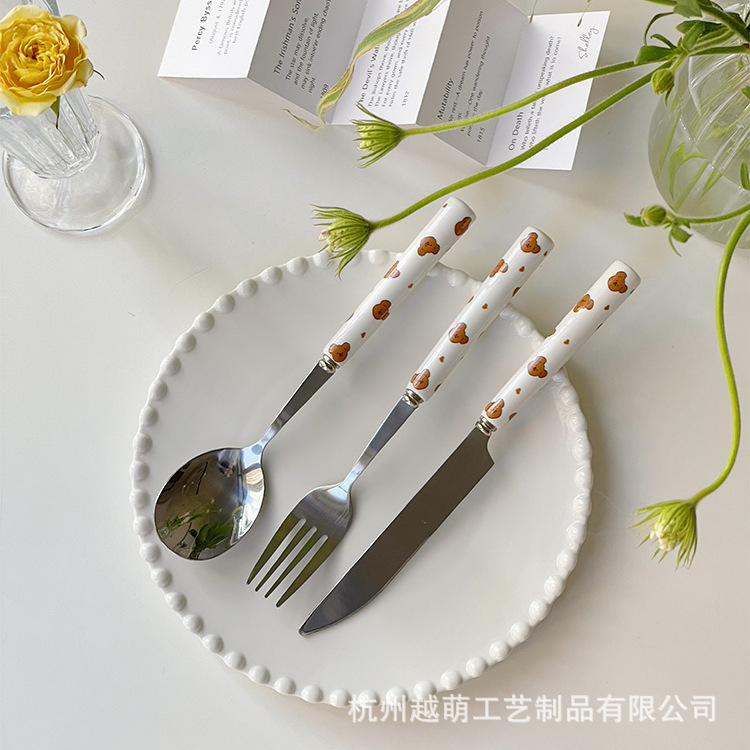 ins风博主同款日韩棋盘格刀叉勺子西餐甜品餐具套装牛排刀不锈钢详情10