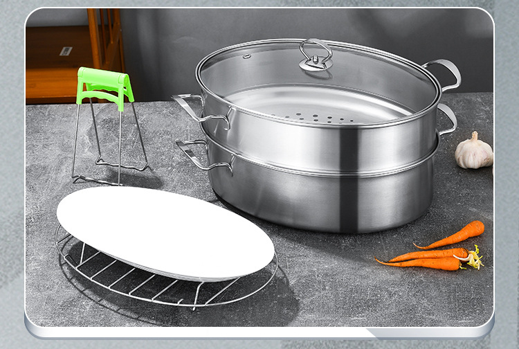 304不锈钢蒸鱼锅大容量双层椭圆形大号加厚清蒸汤锅电磁炉礼品锅详情17
