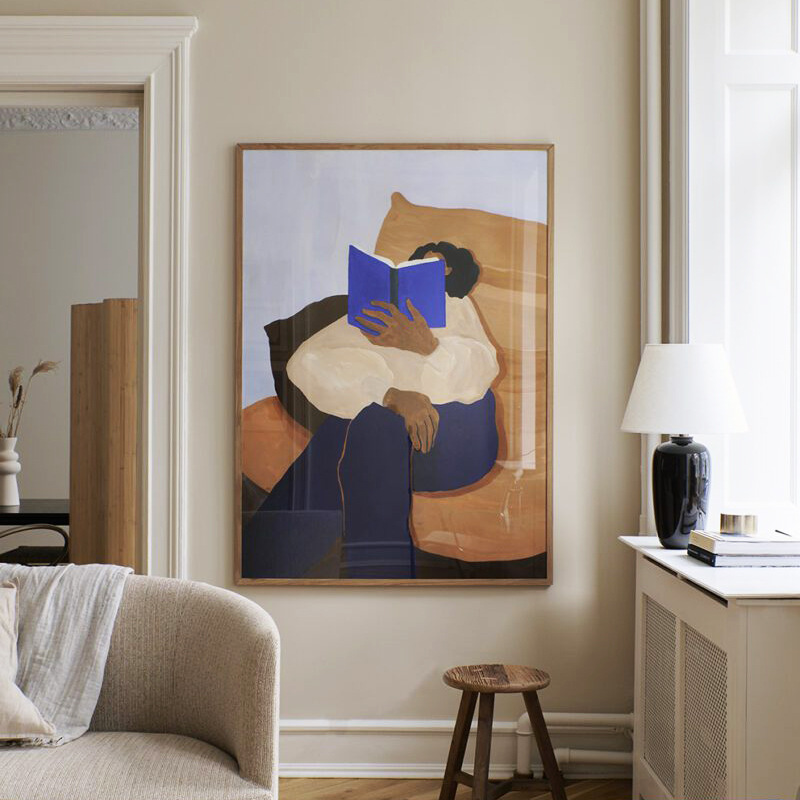 A girl reading a book, Danish design art abstract painting core, Nordic and Japanese wooden style living room and dining room decoration hanging painting pic 14