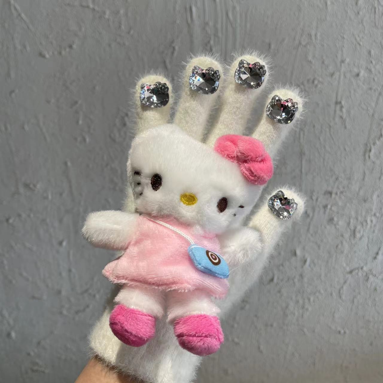 HelloKitty water diamond cute plush gloves for autumn and winter, Kitty Cat doll, warm knitted five-fingered gloves for girls pic 20
