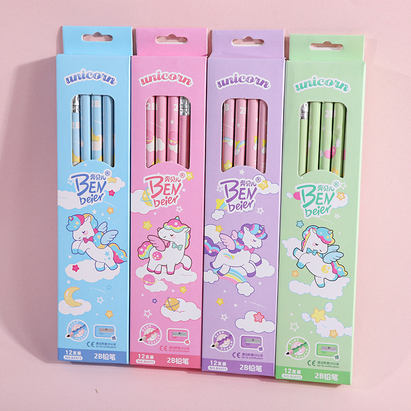 新款独角兽系列卡通可爱铅笔2b铅笔一盒带皮头卷笔刀学生文具铅笔详情10