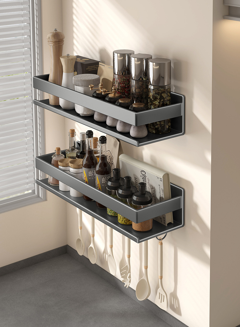 Light luxury kitchenware seasoning rack, carbon steel wall-mounted organization rack without drilling, multi-functional kitchen storage and shelving rack pic 9