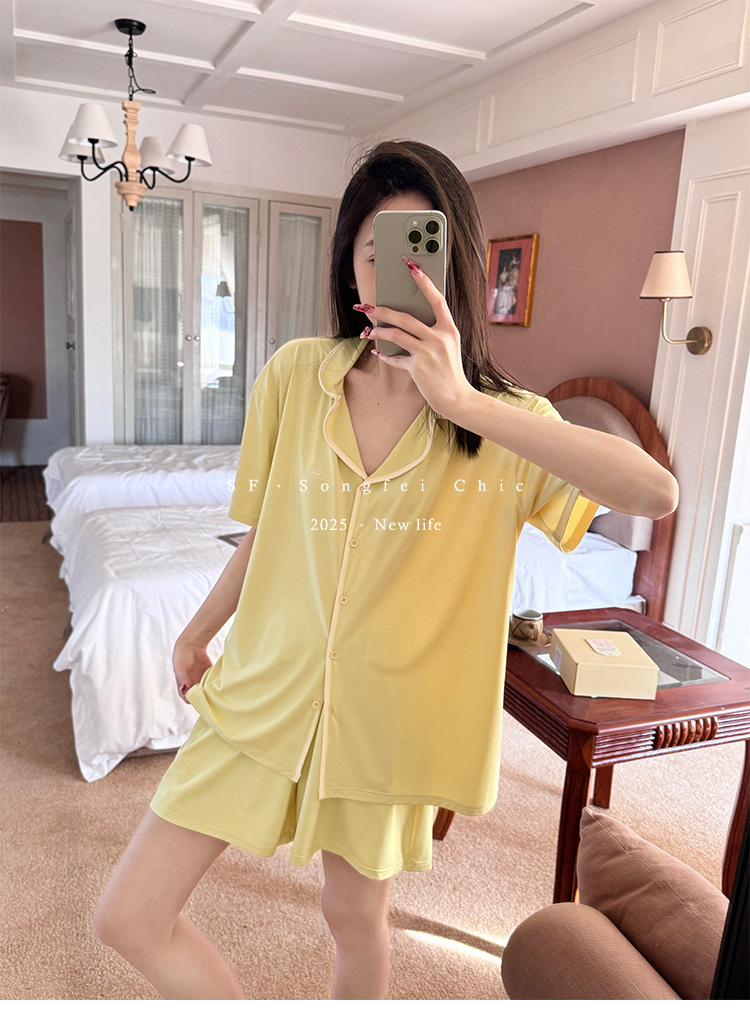 A two-piece set of casual wear for women in the original color ice leather, a summer pajama set with a cool and contrasting color, featuring new short-sleeved shirts and shorts pic 30