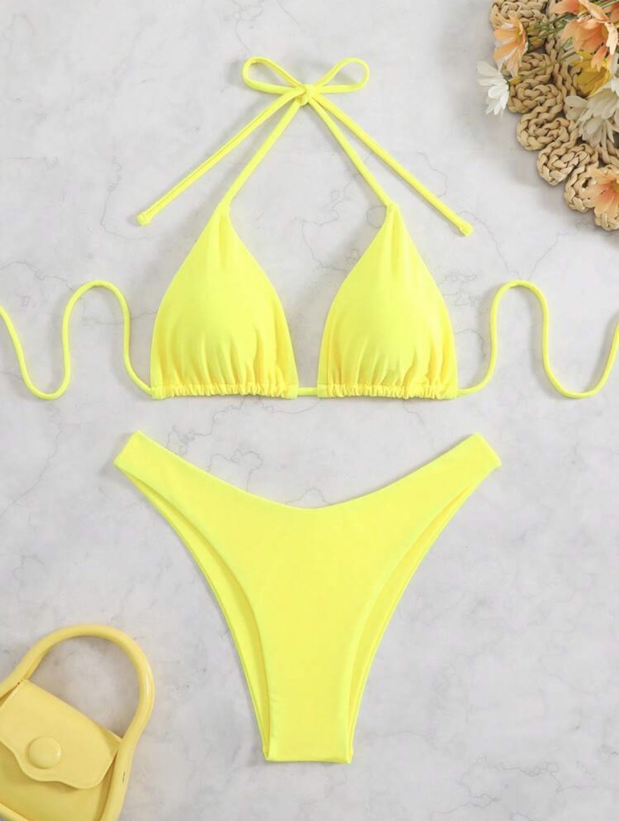 2026 New European and American strappy bikini swimsuit for women, solid color two-piece set, sexy split swimsuit cross-border pic 20