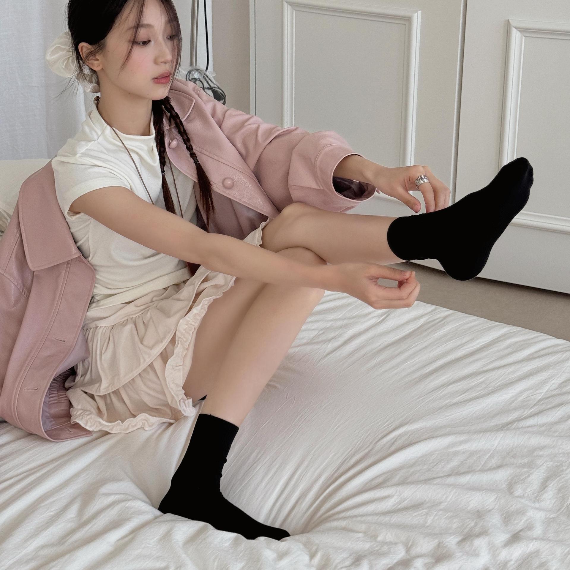 2025秋冬新款一体机无骨纯色竖条纹女士堆堆袜纯棉百搭中筒女袜子详情16