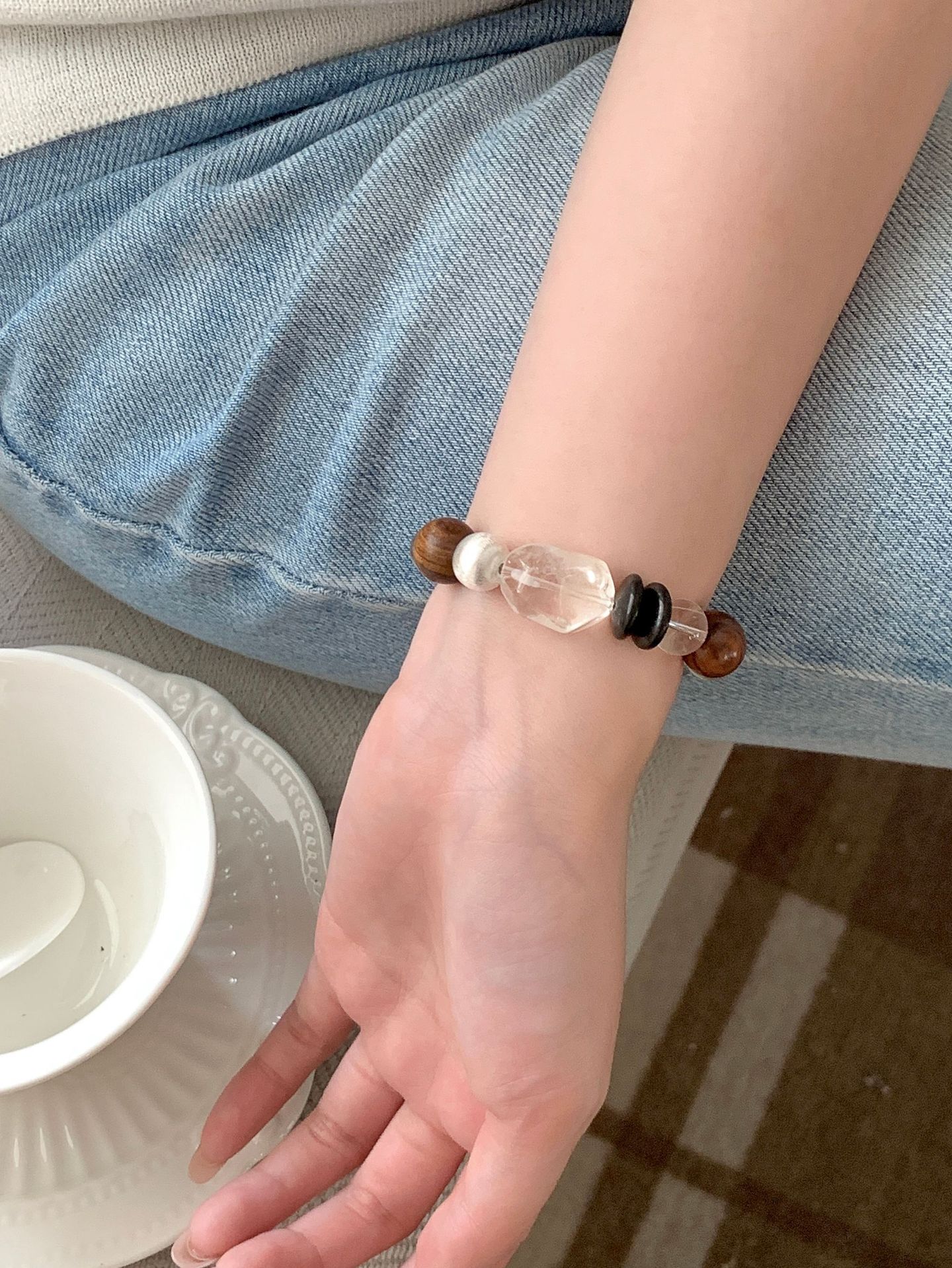 Original 999 pure silver natural irregular-shaped white crystal bracelet, ins niche sandalwood brushed round ball bracelet, women's jewelry pic 6