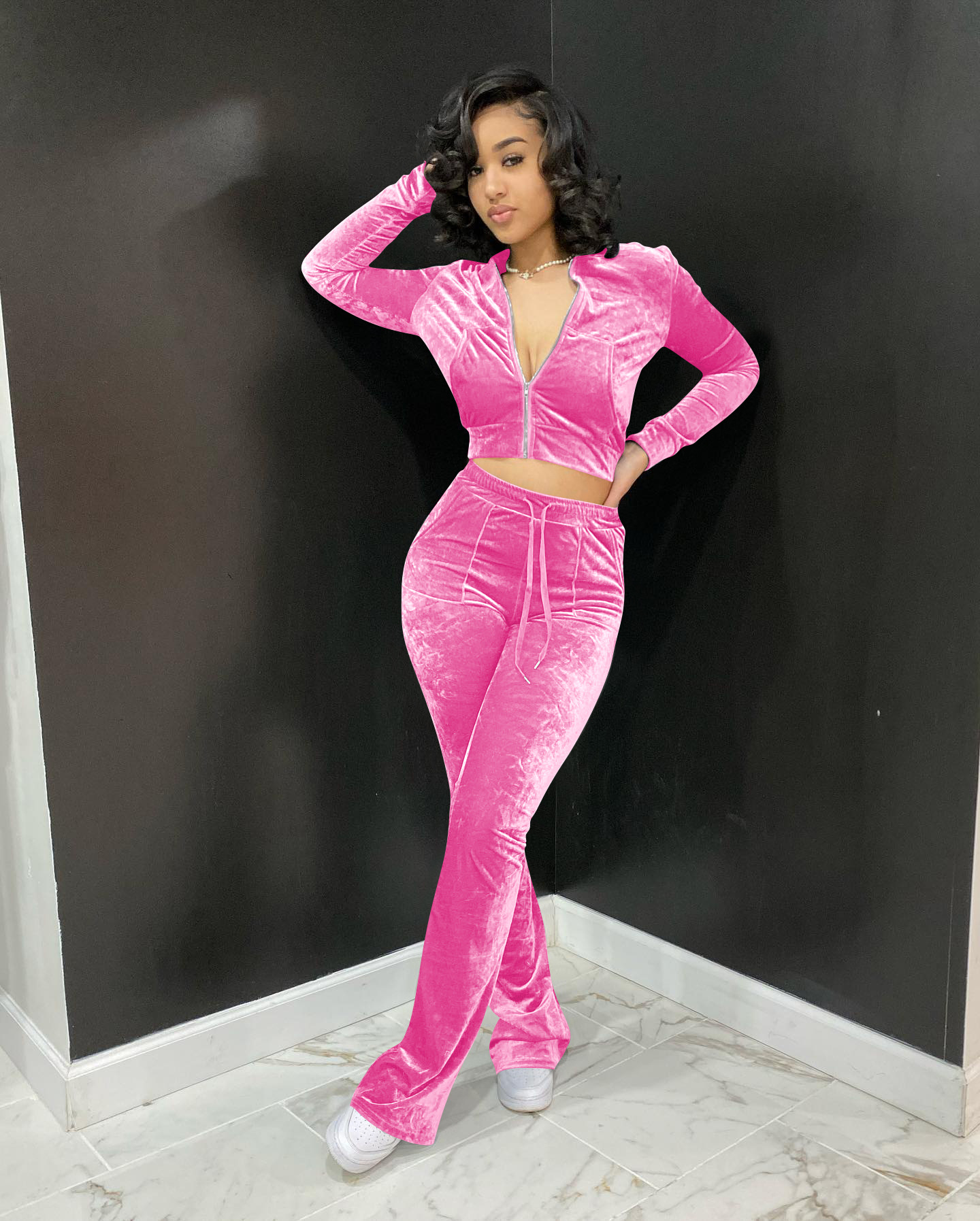 Solid color gold velvet wide-leg pants two-piece set pic 45