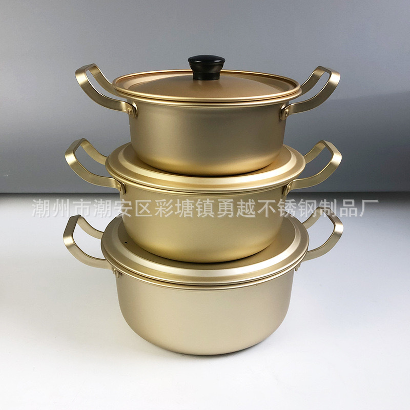跨境韩式黄铝泡面锅家用迷你小煮锅酒店餐厅拉面锅双耳带盖汤锅详情18