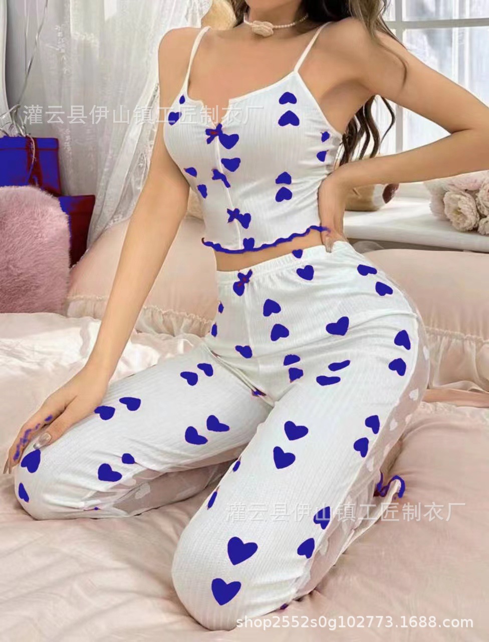 跨境欧美大码睡衣夏季女薄款短袖长裤性感情趣无袖吊带套装家居服详情8