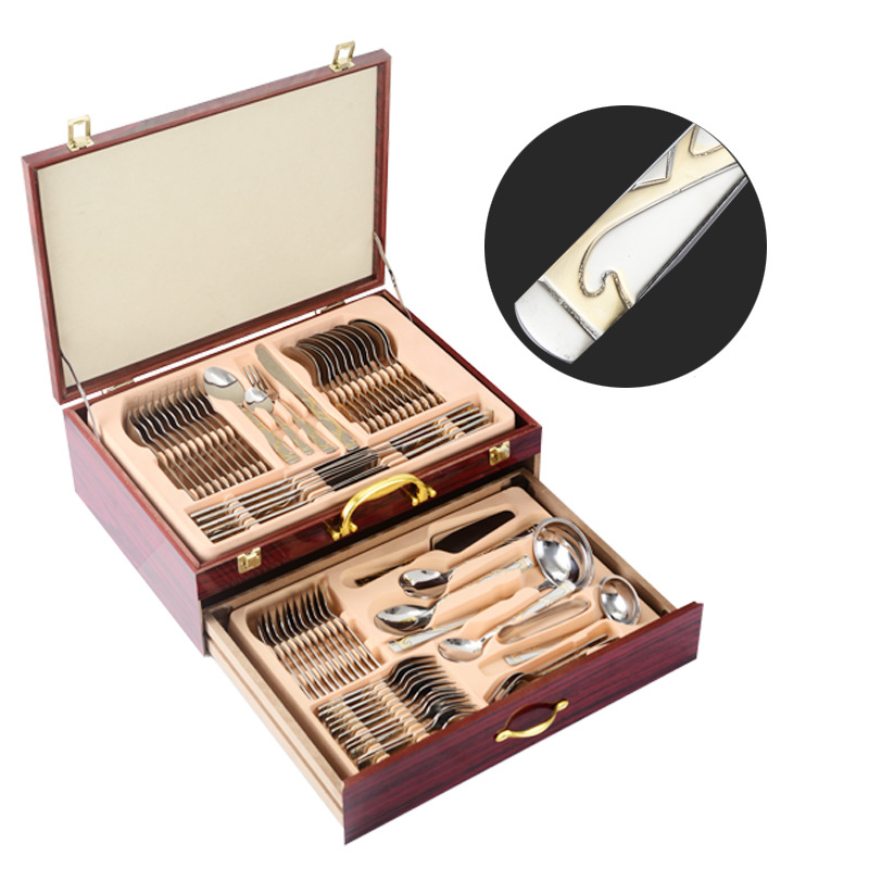 72-piece Western tableware set, 84-piece set, gold-plated Gong Yan stainless steel knife, fork and spoon gift box, wooden box pic 10