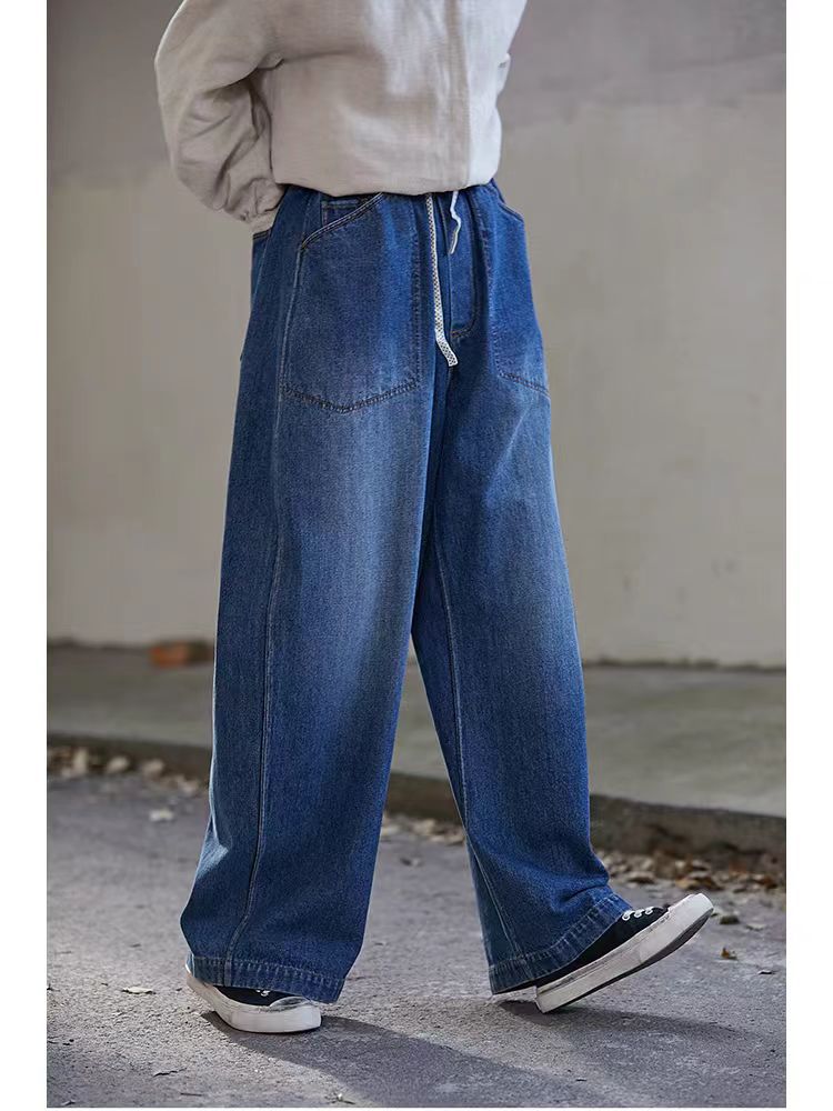 2025新款秋冬海蓝色纯棉加厚宽松休闲文艺阔腿裤松紧腰弯刀牛仔裤详情11