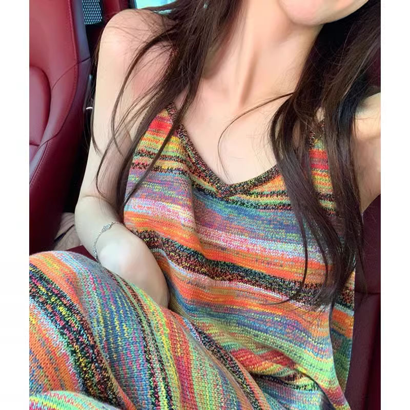 法式彩色条纹针织吊带连衣裙2025春夏新款性感辣妹修身显瘦长裙女详情3