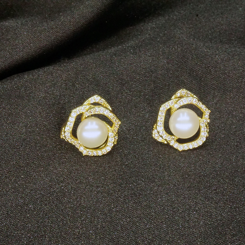 天然淡水5A珍珠耳钉微镶锆石镂空925银耳饰24年新款高级感女轻奢详情7