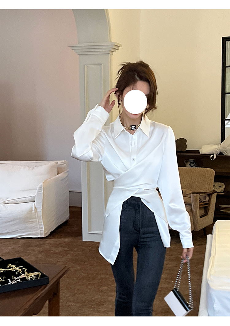 新款缎面白色两穿设计感小众收腰衬衣长袖衬衫女气质百搭上衣女详情5