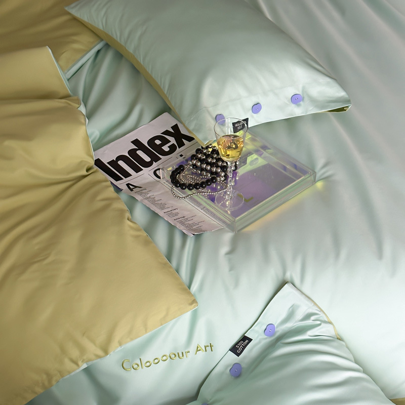 Simple, light luxury and fashionable solid-color long-staple cotton four-piece set, pure cotton letter-embroidered duvet cover, double bedding pic 78