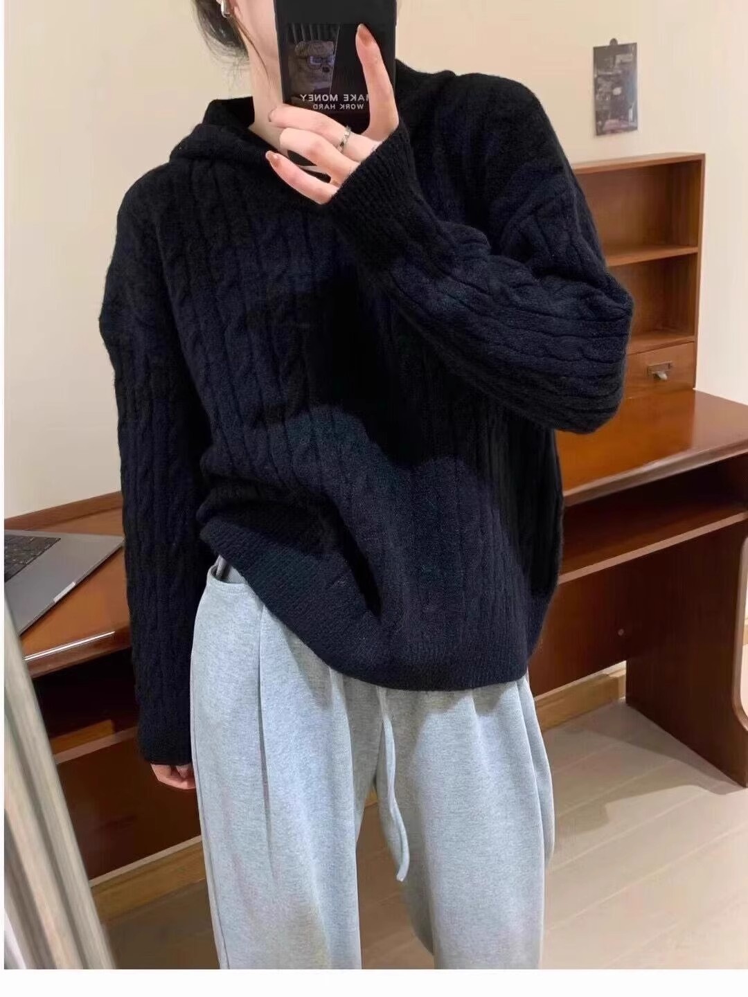 100羊毛连帽针织衫女冬休闲慵懒麻花帽衫毛衣显瘦内搭休闲羊绒潮详情6