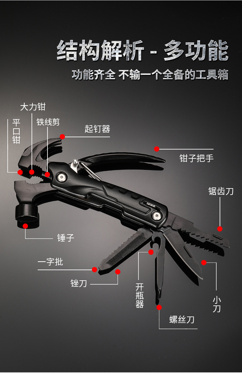 批发多功能户外锤子组合工具野营羊角小锤高碳钢家用车载破窗锤五金刀折刀详情9