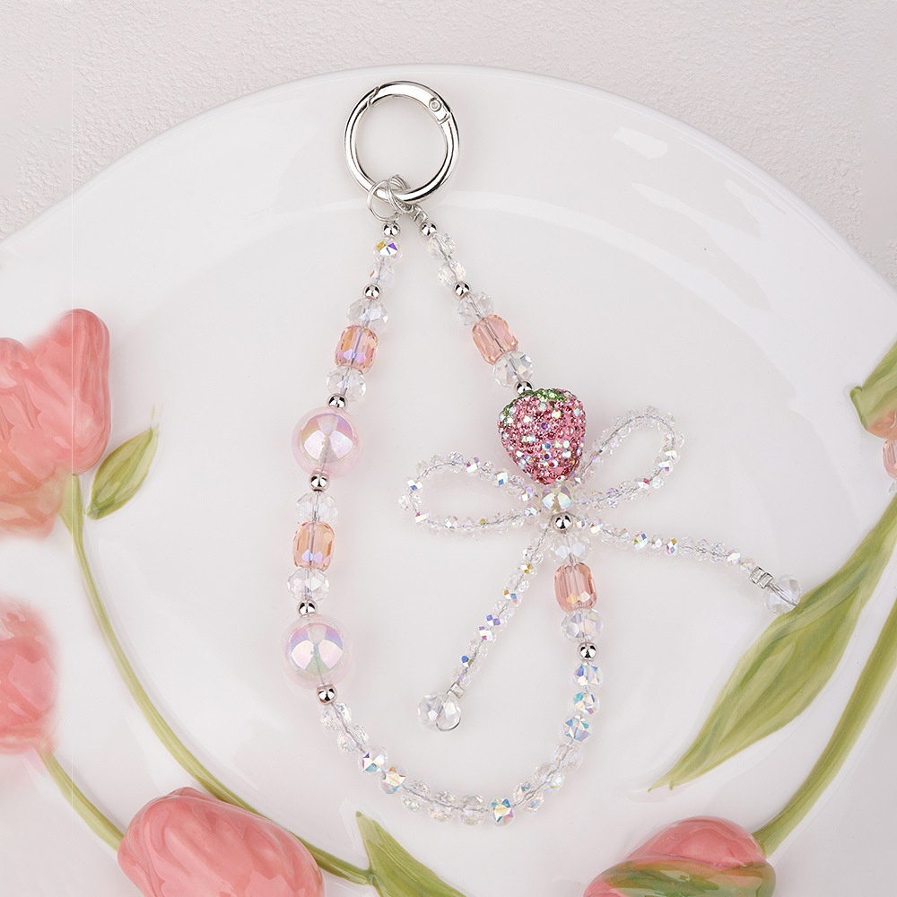 爆闪水钻水晶草莓蝴蝶结手机链带扣钥匙包包串珠挂链手机挂绳挂饰详情9
