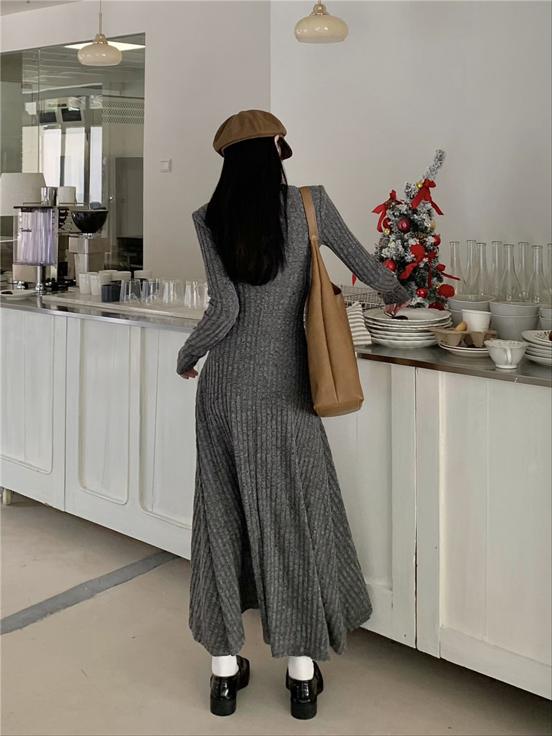 Retro, simple and versatile knitted long-sleeved dress for women, spring waist-cinching and slimming A-line dress, new autumn and winter base long dress pic 46