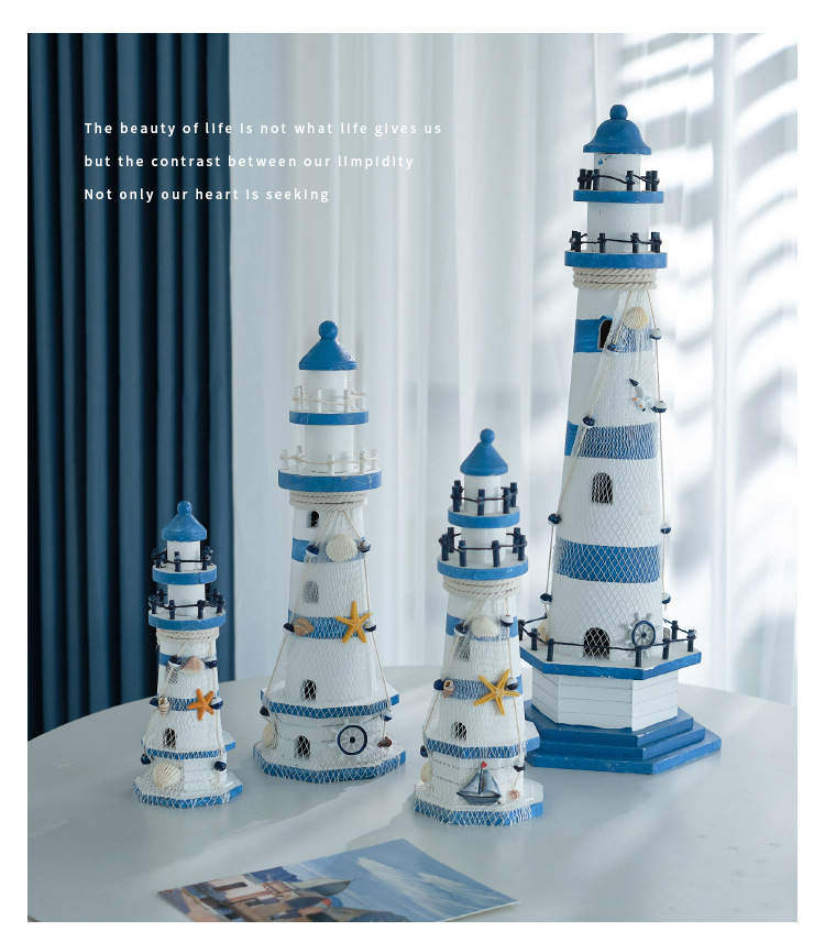 蓝白条纹大号舵灯塔海洋灯塔瞭望塔地中海风格家饰摆件手工木质详情2