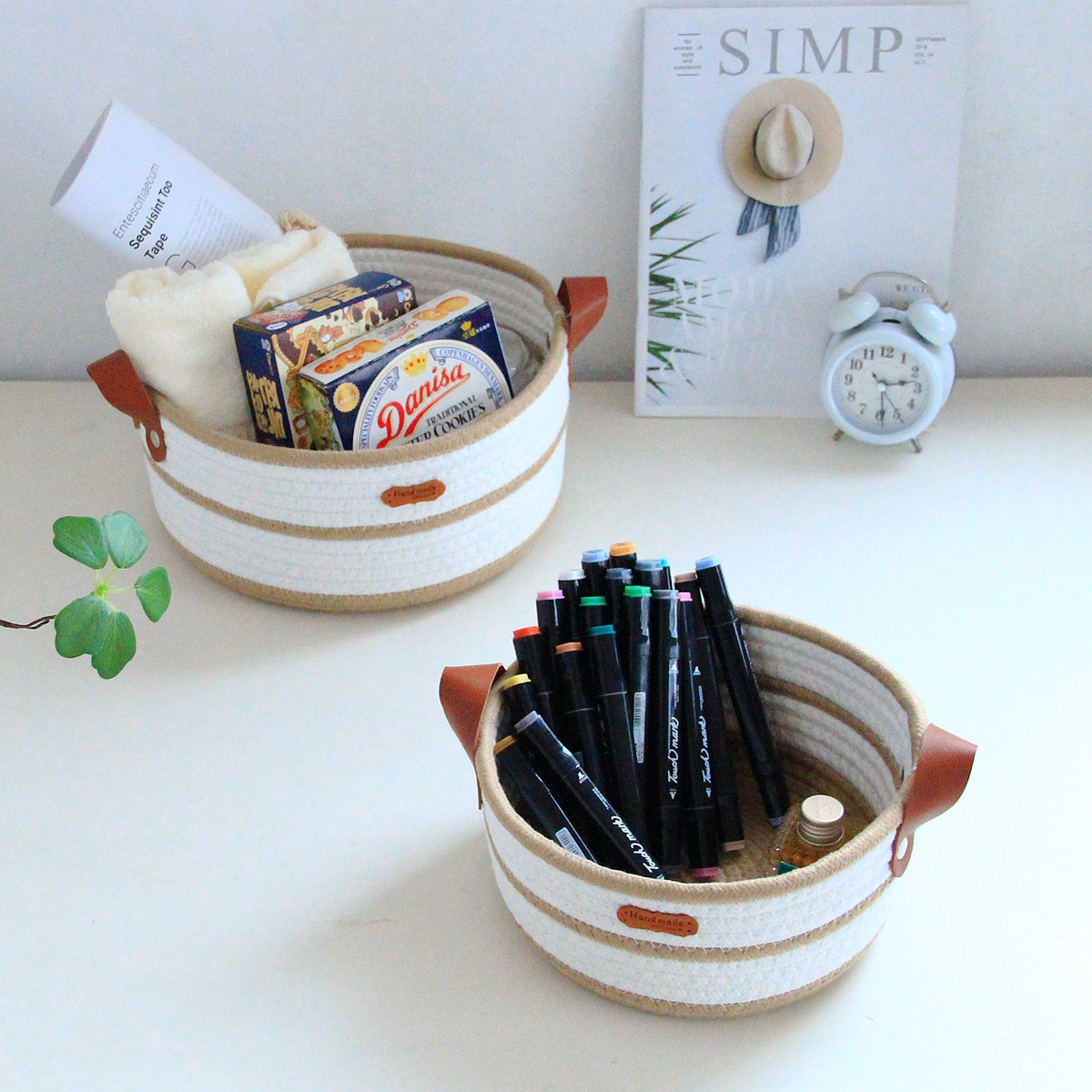 Round cotton rope woven storage basket with leather handle, InS-style desktop storage basket, cosmetics and toys storage box, Nordic style pic 17