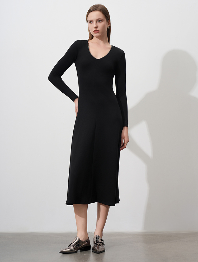 CANVAUS女装中腰长袖修身连衣裙女春秋新款V领钻石链收腰大摆中长详情2