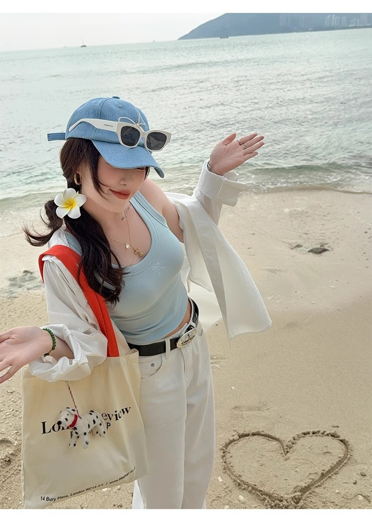 蓝色方领小吊带背心女无胸垫内搭2025夏新款宽肩打底大码上衣外穿详情13