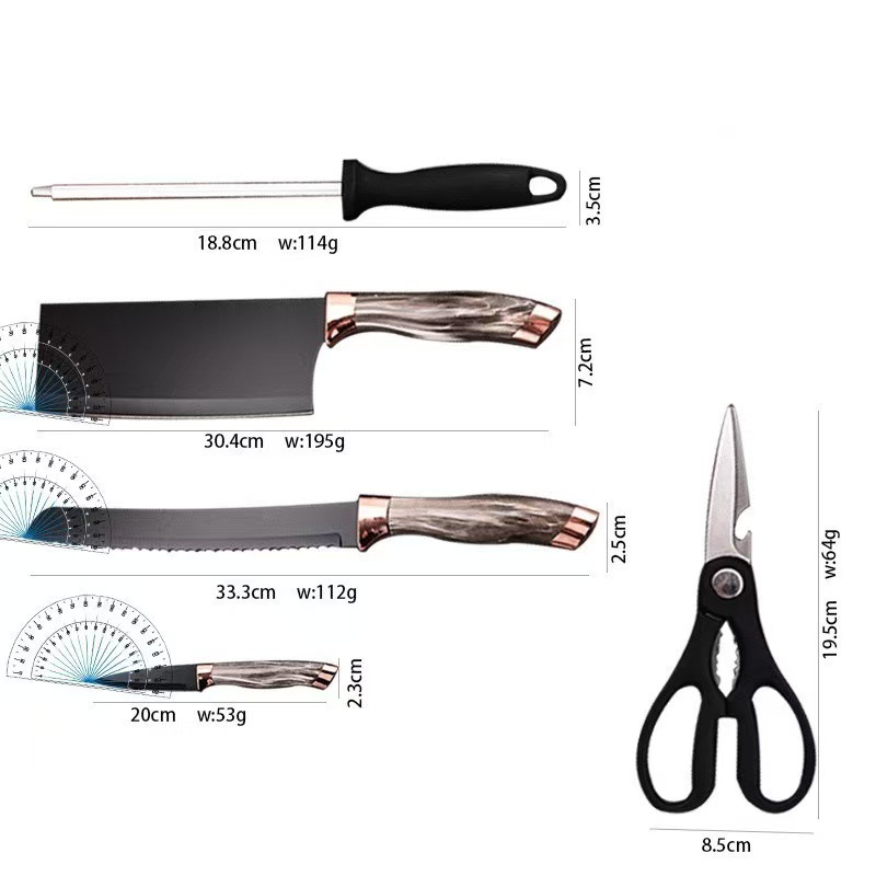 Wholesale of marble-patterned double electroplated head seven-piece set with square base, colorful kitchen gift box and knife set pic 2