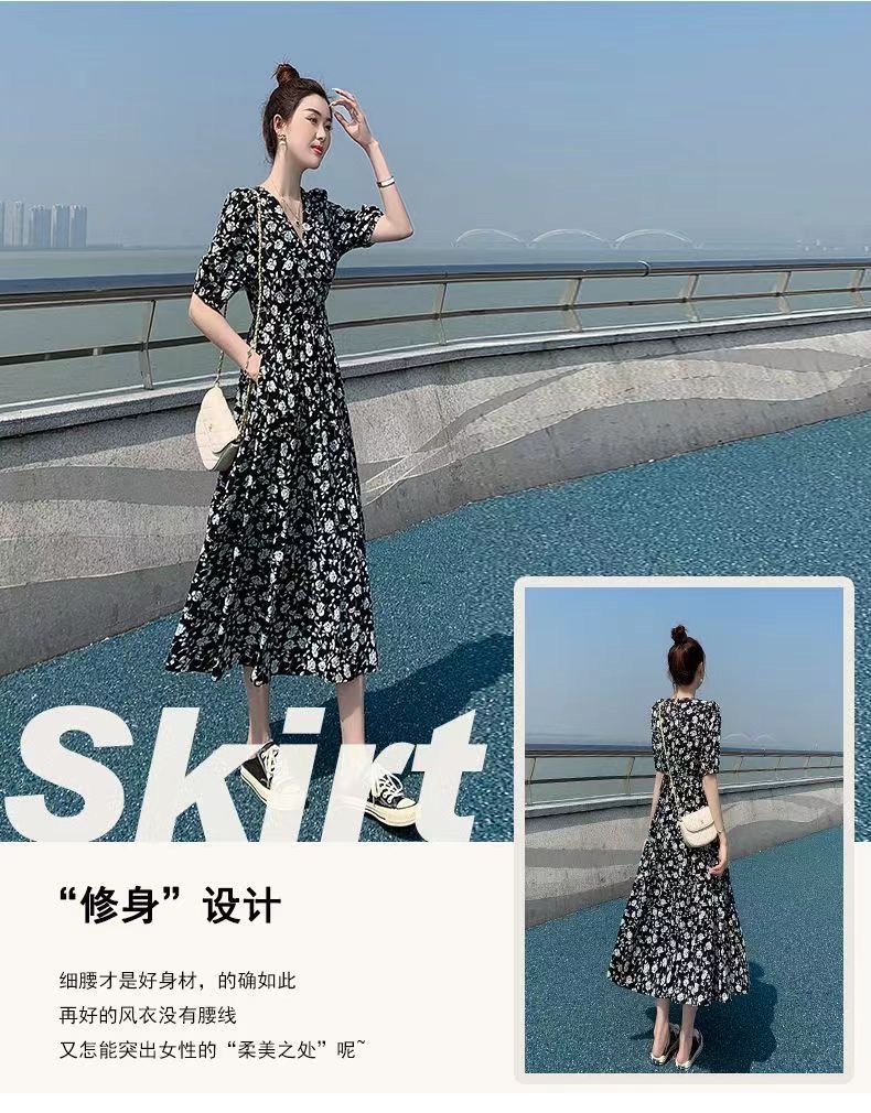 女装2024夏款碎花连衣裙过膝长款收腰显瘦V领高级感风短袖连衣裙详情1