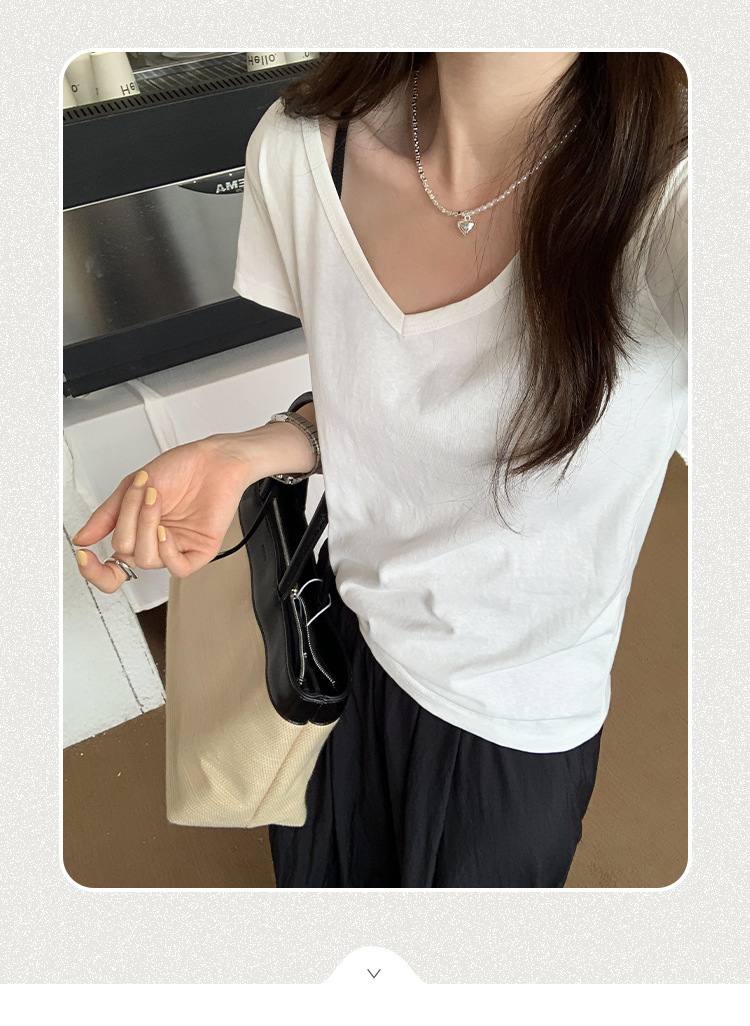 简约百搭V领纯色休闲短袖T恤女2024夏季新款轻薄透气宽松显瘦上衣详情2