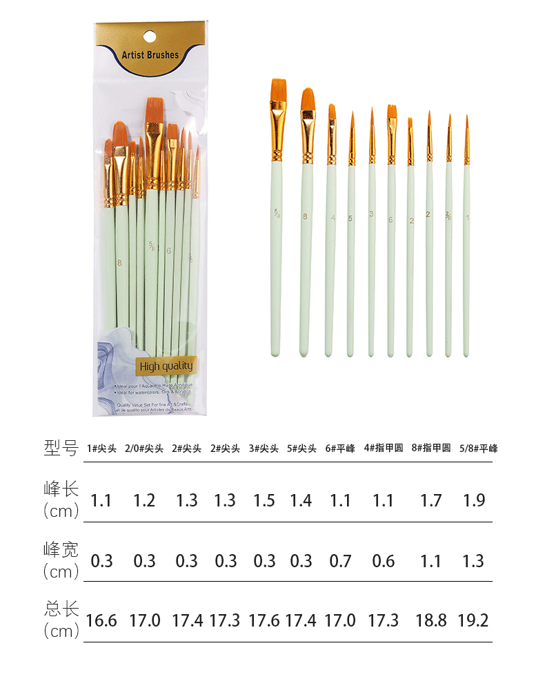 跨境亚马逊儿童美术套装10支塑料长杆水粉丙烯油画画笔尼龙材质DIY绘画工具详情5