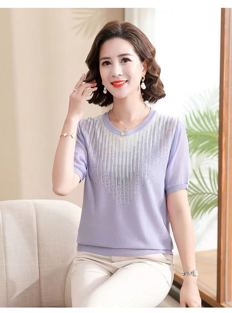 妈妈夏装短袖针织翻领T恤中老年女装冰丝上衣遮肚子薄款小衫套装详情36