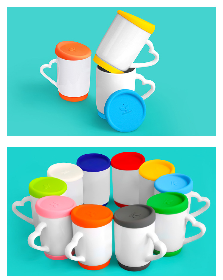 Heat transfer printed white core silicone cup with silicone lid and base, blank coating advertising coating white mug pic 7