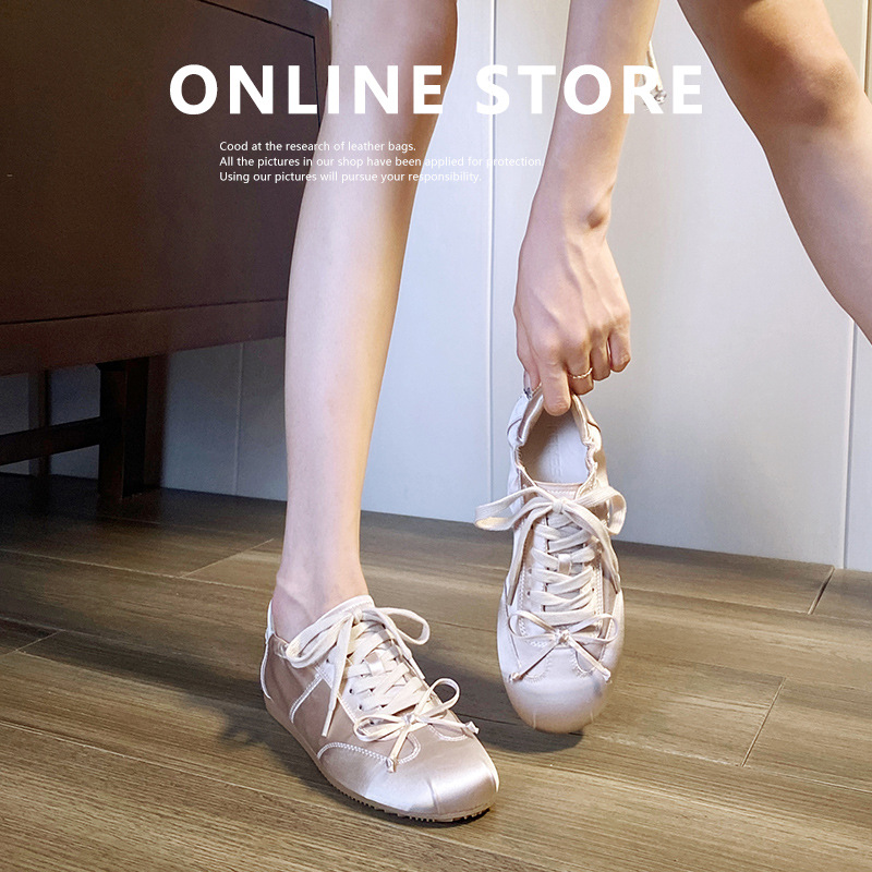 2025秋季新款~芭蕾风甜妹圆头缎面运动板鞋蝴蝶结休闲德训鞋详情9