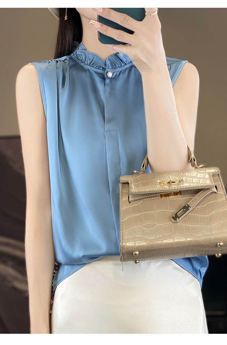 木耳边无袖缎面衬衫背心女立领薄气质衬衫女上衣背心内搭无袖T恤详情19