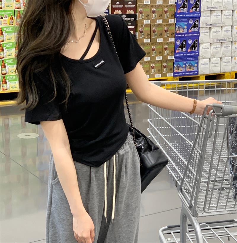 不规则设计感短袖T恤女夏季韩版2023新款辣妹风欲白色打底上衣详情13