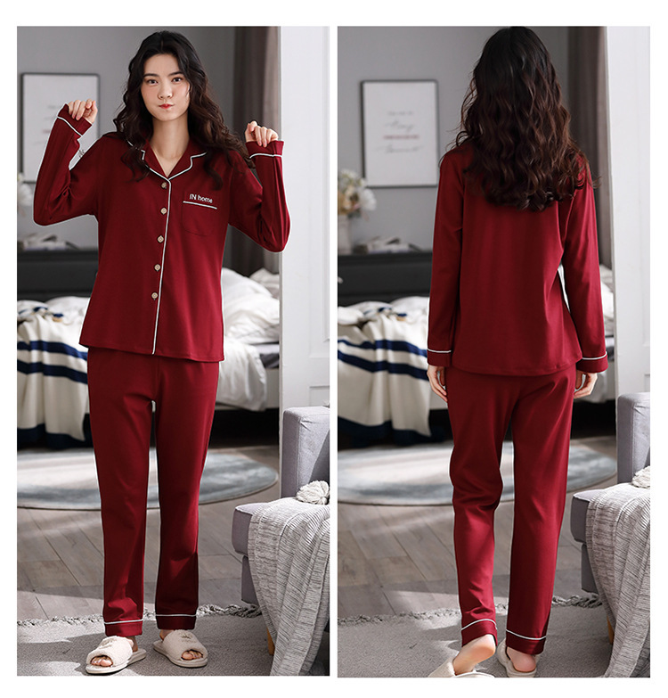 T春秋款睡衣套装纯色纯棉睡衣女士长袖开衫加大码加肥家居服外穿详情12