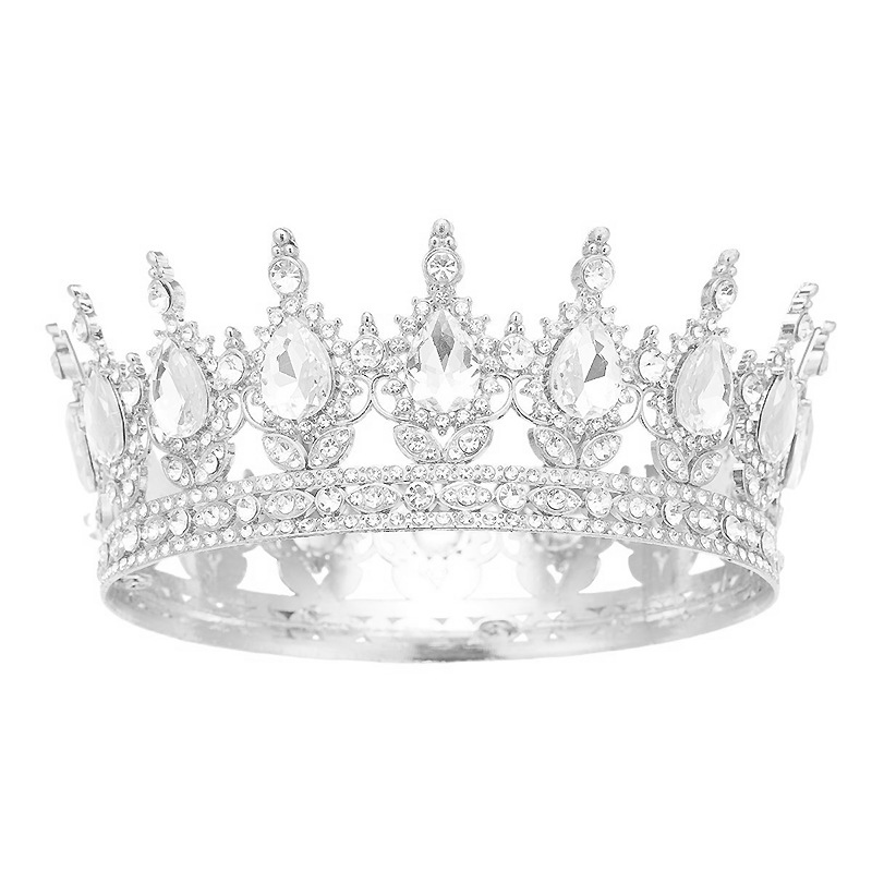 Cross-border European and American luxury diamond-encrusted crown beauty pageant Alloy large crown for women Baroque retro rhinestone round crown pic 8