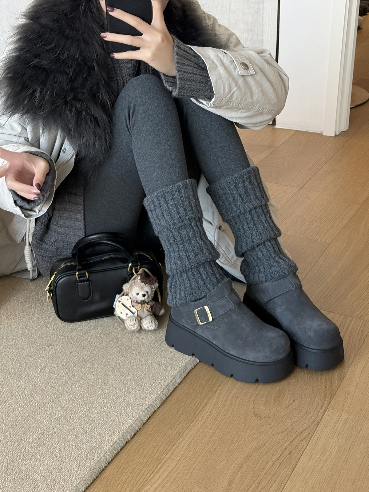 MARCO&JOYCE厚底增高勃肯鞋女冬季新款加绒松糕一脚蹬乐福鞋单鞋详情46