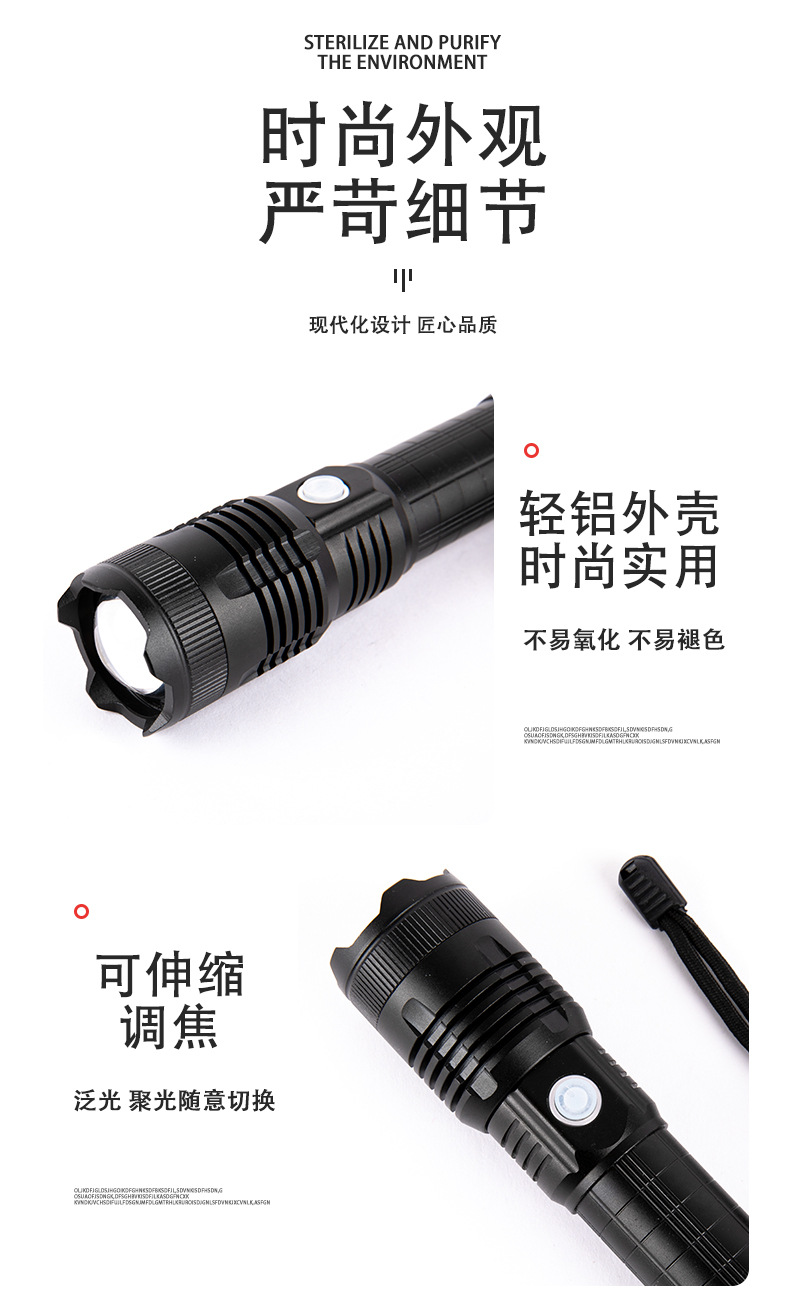 跨境新款XHP50强光手电户外防身铝合金大功率USB充电强光电筒P70详情3