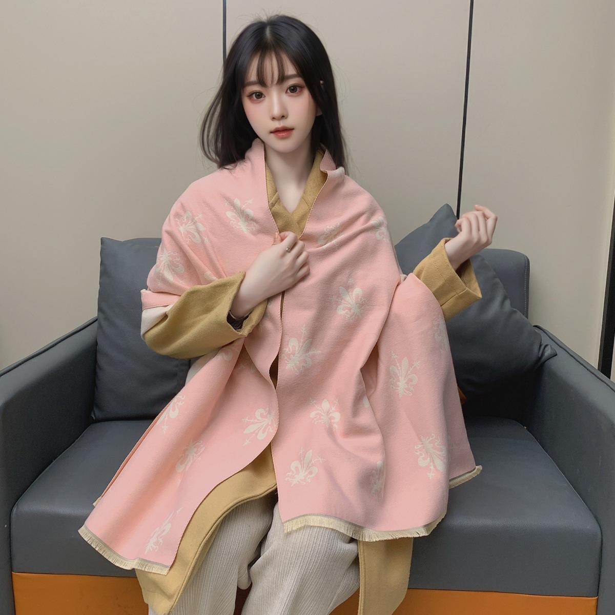 围巾女冬季欧美风格佛罗伦萨鸢尾花披肩加厚百搭双面保暖围脖保暖详情40