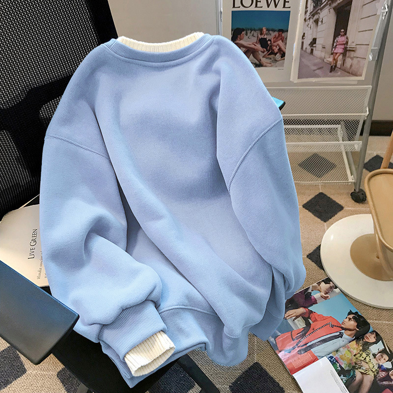 新品女式卫衣定制加绒圆领卫衣女款厚假两件长袖宽松大码女装衣服详情16