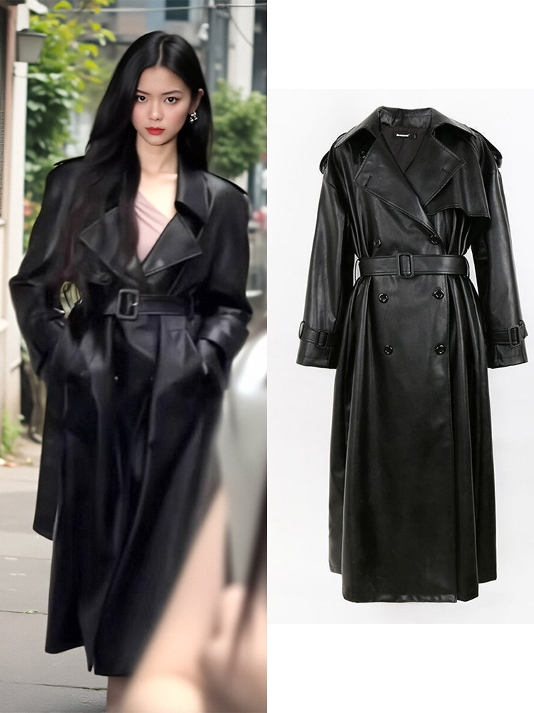 杨超越同款外贸黑色风衣女高级感2024新款长款高个子PU皮外套大衣详情9
