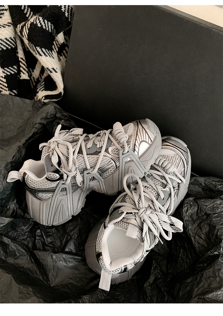 葡萄妈同款 画报女孩 时髦双鞋带网面拼接厚底增高老爹鞋女真皮详情66