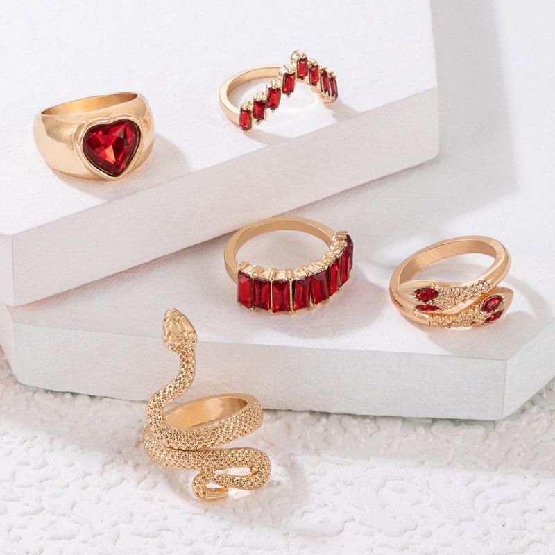 欧美流行饰品戒指手饰 蛇形爱心仿绿宝石镶钻ins风五件套戒指女详情31