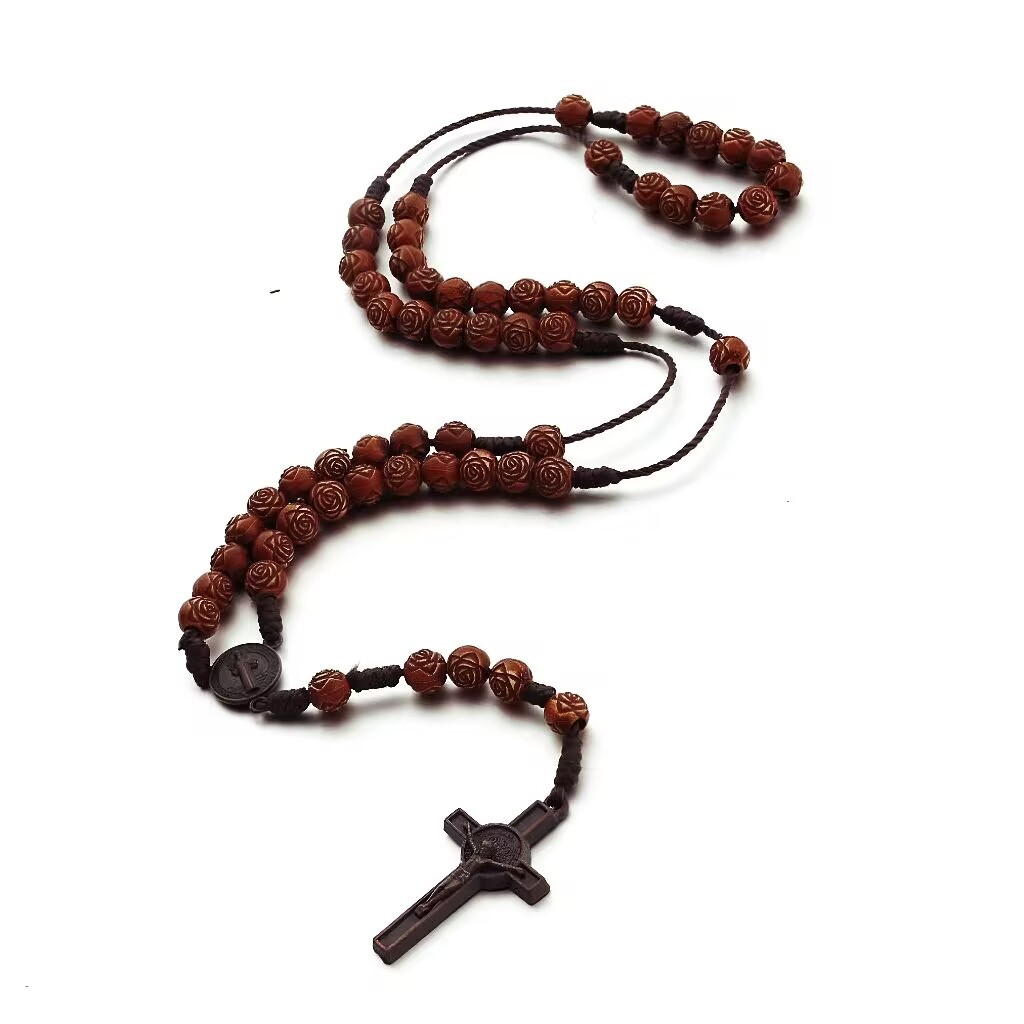 Factory direct sales of hand-woven coffee-colored prayer beads for cross-shaped wooden bead necklaces and cross-border wholesale pic 3