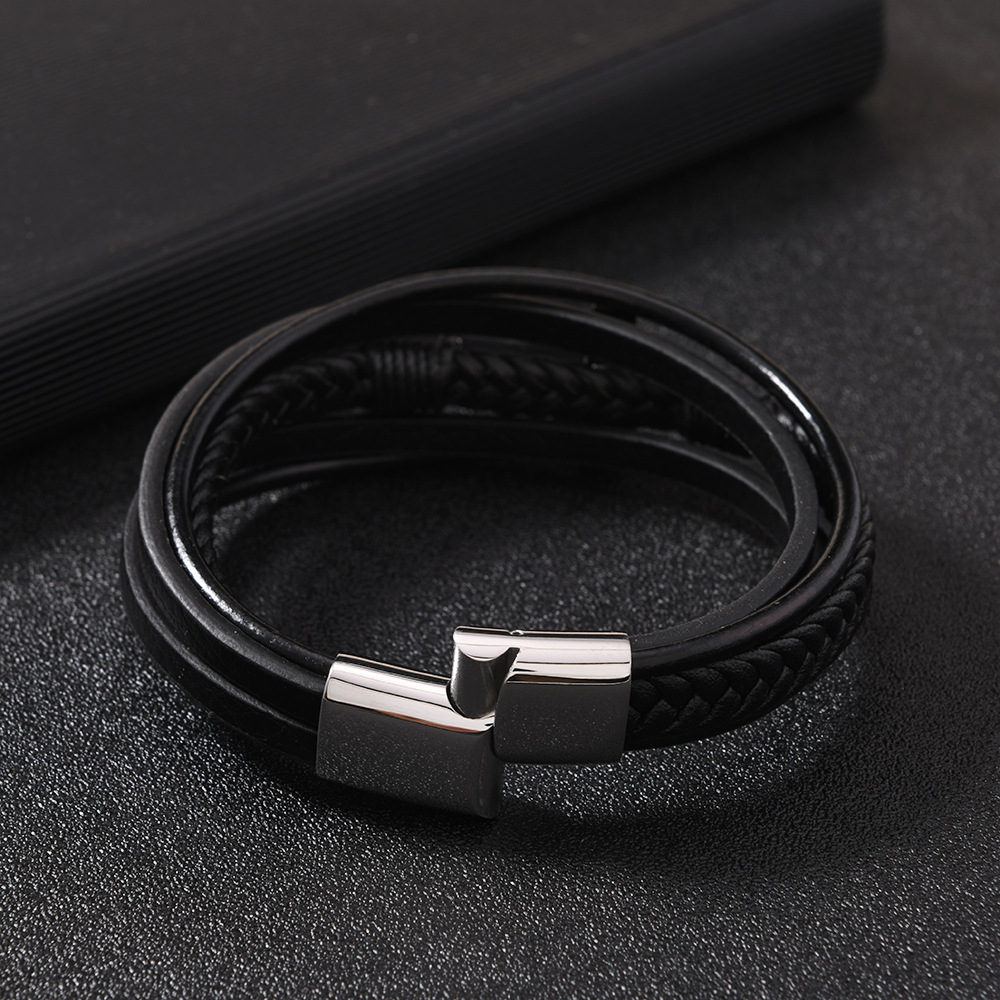 速卖通希音爆款男士手环 多层编织皮革手链时尚个性磁吸扣手链详情11