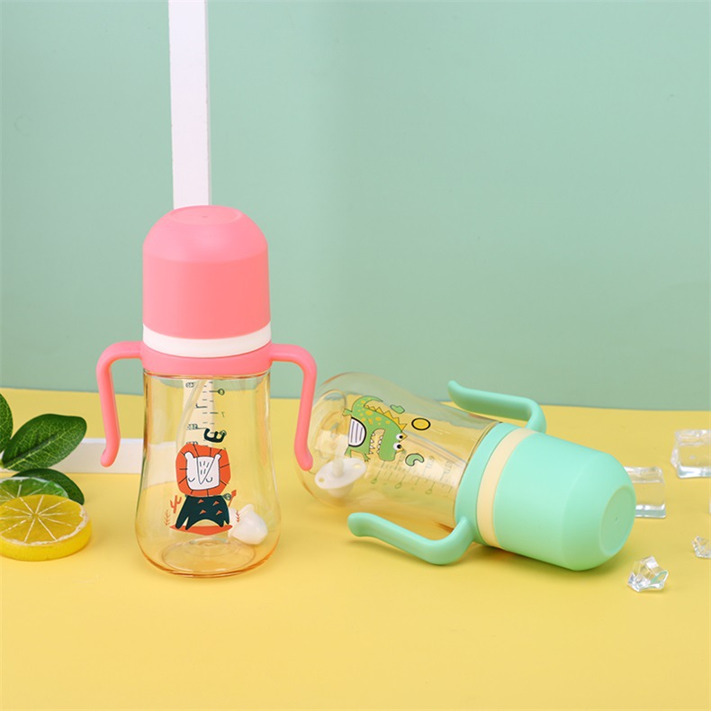 Custom nuevo estilo amplio de calibre doble mango recto con mango para bebés y niños dibujos animados dinosaurio botella antiatragantamiento pajita taza de agua pic 2