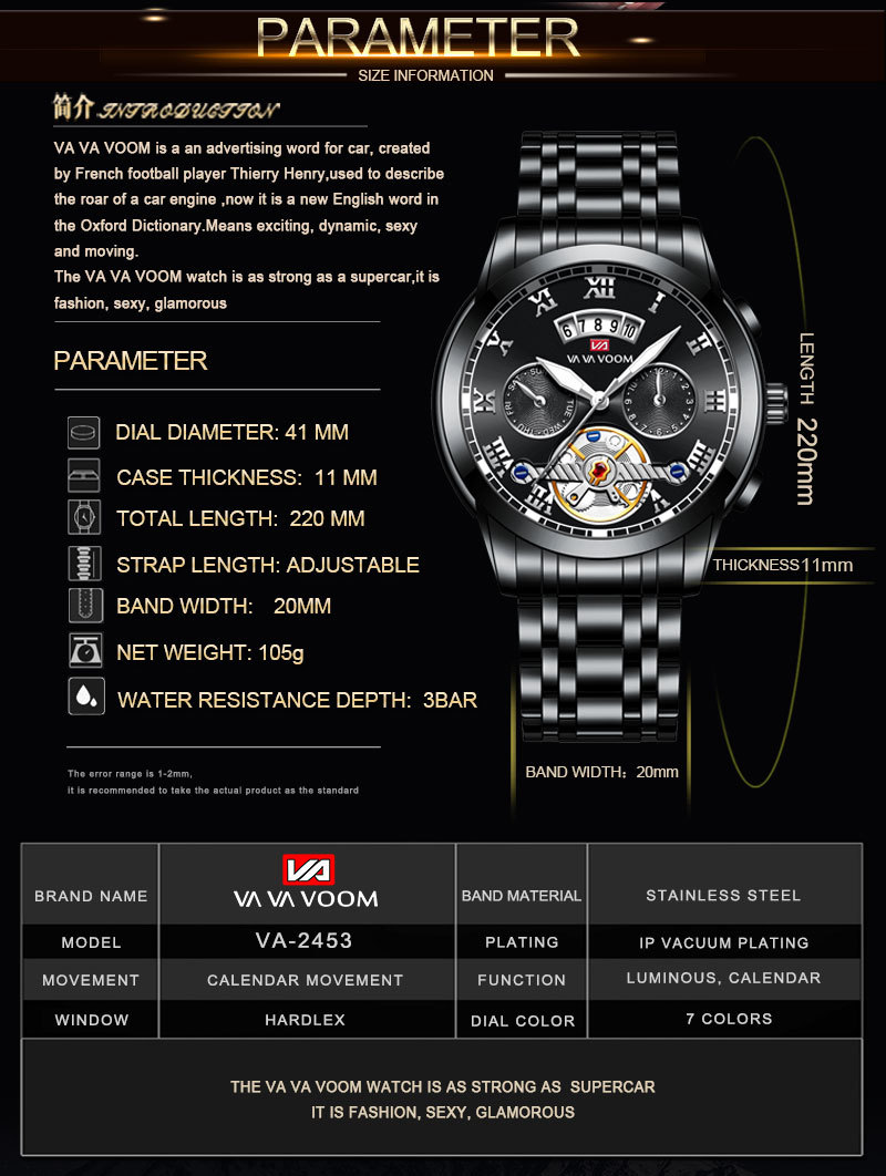 VA VA VOOM stainless steel tourbillon non-automatic mechanical multi-functional business watch, luminous waterproof watch for men pic 24