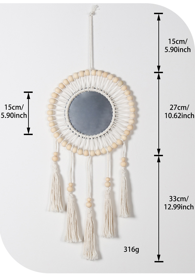 波西米亚风格木珠棉绳流苏镜子小挂饰挂件家居墙壁装饰工艺品镜子详情4